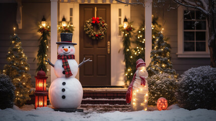 A snowman standing in the garden in front of a house decorated for Christmas 