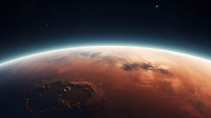 Generate a detailed and authentic portrayal of Mars, the red planet. 