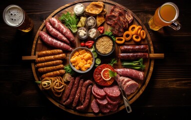 Overhead shot. A wooden board with a variety of Bavarian sausages and snacks spread out along with a mug filled with cold beer. Generative AI