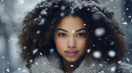 girl, black, mixed race, smiling, camera, snowman, background, snowing, winter, season, child, happy, outdoor, cold, weather, joyful, cheerful, young, people, holiday, cute, portrait, pretty, snowflak