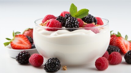 Photo of a delicious bowl of yogurt topped with fresh berries and a sprig of mint created with Generative AI technology