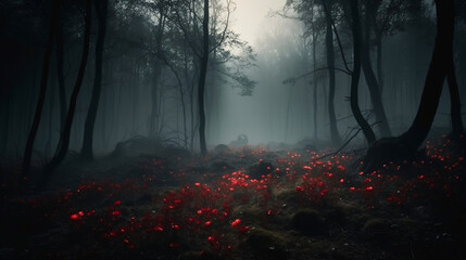 a red dark forest with fog 