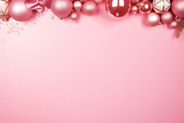 Pink Christmas Holiday Background with Pink Ornament Border, Empty Space for Copy Text Design, Generative AI