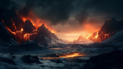 volcano spewing fiery lava in the foreground - obrazy, fototapety, plakaty