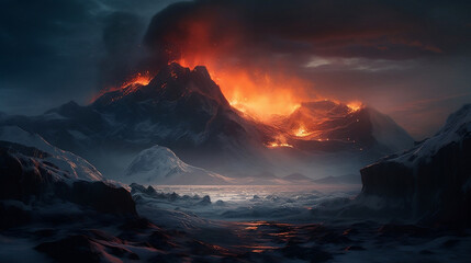 Fototapeta premium volcano spewing fiery lava in the foreground
