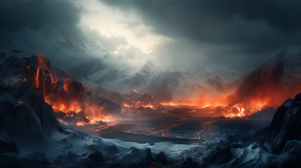 volcano spewing fiery lava in the foreground