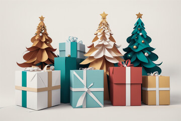 Paper cut Christmas trees and presents, gifts. Winter background. Christmas card,Ai generative