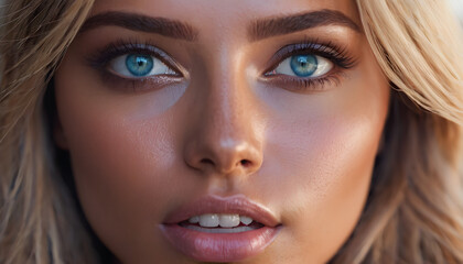 Cheerful woman with blue eyes and attractive confidence.