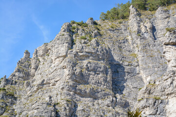 View of the top of the rocks in the gorge and the blue sky