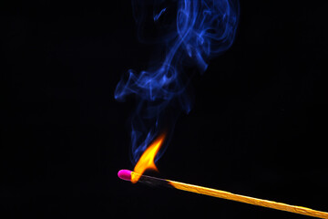 Fire and smoke. Burning and smoking match on a black background. Heat and light from fire flame