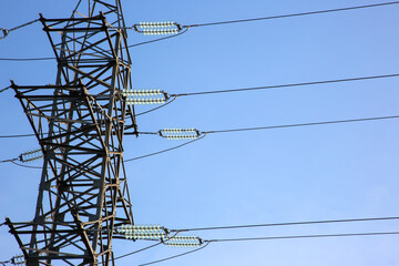 power line support with wires for electricity transmission. High voltage grid tower with wire cable...