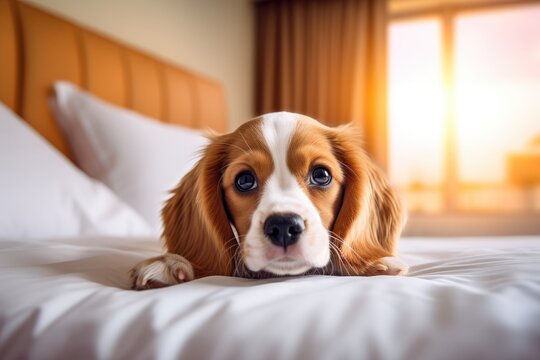 Dog in hotel. Condominium or apartment pet can live concept. Generative AI