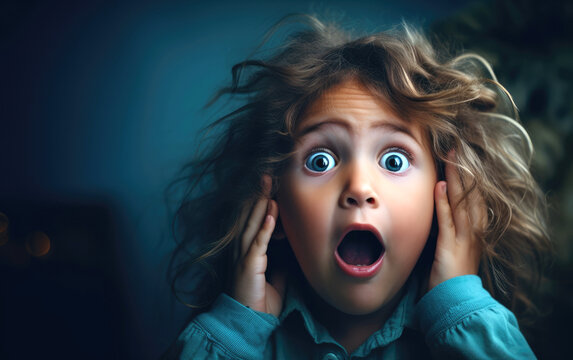 A child with an amazed and a little scared look because of horror movie. Generative AI