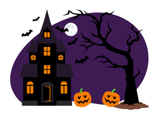 Halloween night illustration. Halloween vector illustration. Halloween house with pumpkins, moon and scary tree illustration.