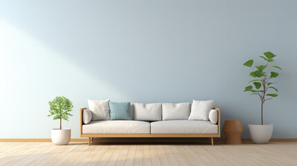 シンプルな淡い青色の壁にナチュラルなソファーがある部屋 - obrazy, fototapety, plakaty