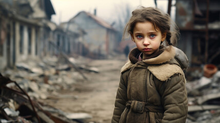 Portrait of a little girl against the backdrop of a bombed city - obrazy, fototapety, plakaty