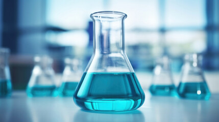Science Beaker with blue water in the laboratory on a white table