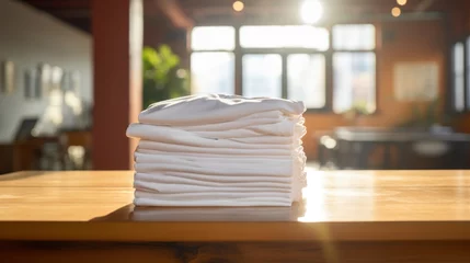Fotobehang A stack of folded tshirts on wooden table. Laundromat is illuminated by the soft afternoon sun shining through the window. © red_orange_stock