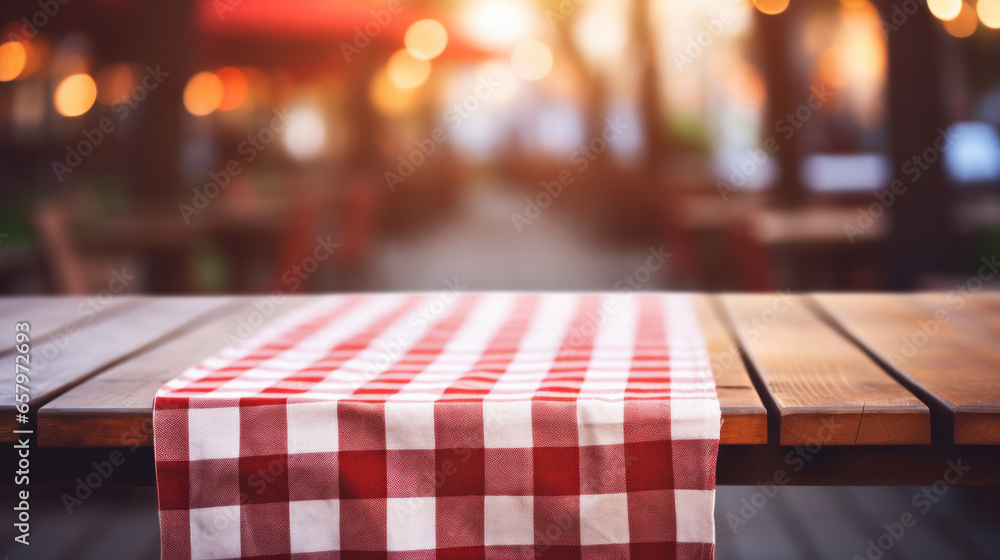 Poster empty red checkered tablecloth in white table top with blur background
