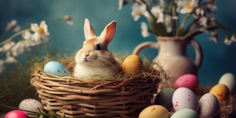 Fototapeta na wymiar Easter grunge background with rabbit and eggs