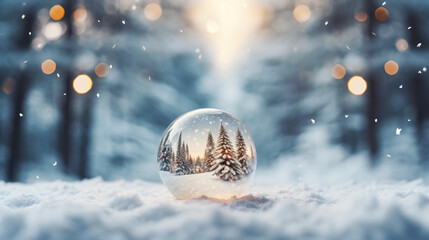 Fototapeta na wymiar もみの木と光のボケの背景にクリスマスツリーのオーナメントが雪の上にある写真