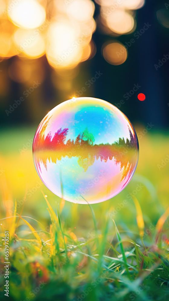 Wall mural Hotograph soap colorful bubble on blur summer background