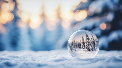 Fototapeta na wymiar 雪が積もった木の街道のボケの背景に、木が綺麗に写ったガラス玉が雪の上にある写真