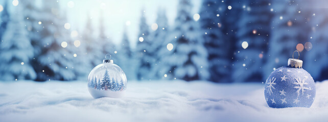 もみの木と光のボケの背景にクリスマスツリーのオーナメントが雪の上にある写真
