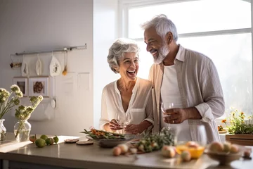 Fotobehang Caucasian senior couple cooking and having dinner together in kitchen house background. Old people cooking and making salad nutrition cuisine menu. © Virtual Art Studio