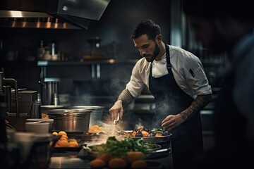 Photo of a chef preparing a salad in a restaurant for visitors. Cook man neatly decorates the dish. Young professional chef adding some piquancy to meal.