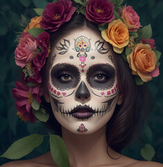 Create a unique sugar skull makeup art merging nature's beauty, featuring floral and fauna elements, transforming the model into a living masterpiece