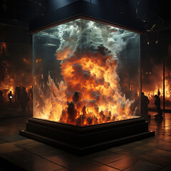 Glass Cube with Flames and Smoke, Concept Art, Scenography,Spectators of a Contained Inferno