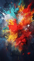  An image featuring a dynamic arrangement of paint splatters against a textured backdrop with space for text, vertical format, background image, generative AI © Hifzhan Graphics