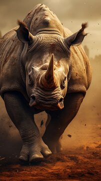 close-up of an angry male rhino with textured background and huge space for text, vertical format, background image, generative AI