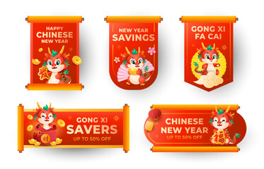 Chinese New Year 2024 label set of cute dragon zodiac with Chinese scroll. Animal holiday cartoon character sticker. Vector illustration.