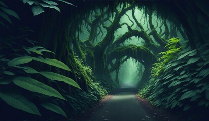 Jungle background dark amazon forest green tree deep. - obrazy, fototapety, plakaty
