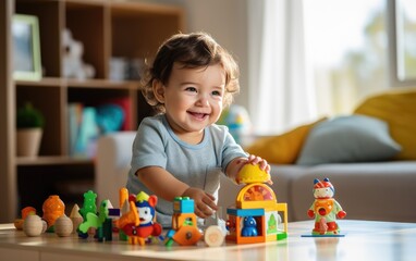 Fototapeta premium Kid is playing with toys at home. Generative AI