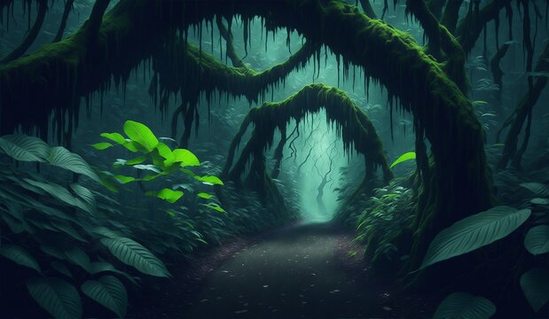 Jungle background dark amazon forest green tree deep.