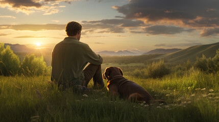 Canine Companionship Amidst Verdant Expanses  A Cynologist and His Trusty Labrador Share a Moment Outdoors - obrazy, fototapety, plakaty