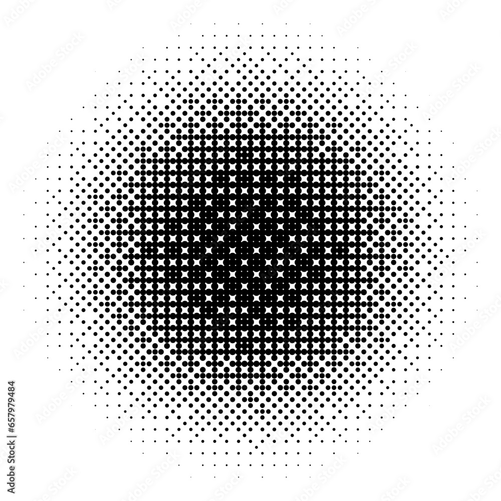 Poster Radial halftone gradient texture. Dotted round pattern background. Abstract 8 bit faded pop art wallpaper. Vanishing spotted pixelated design backdrop for banner, poster, flyer, cover. Vector bitmap