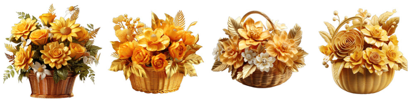   Basket of Gold Flower Hyperrealistic Highly Detailed Isolated On Plain White Background