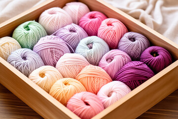 Fototapeta na wymiar The bunch of the colorful yarn balls packed in wooden box, on white background, shot in a studio. Aigenerated.