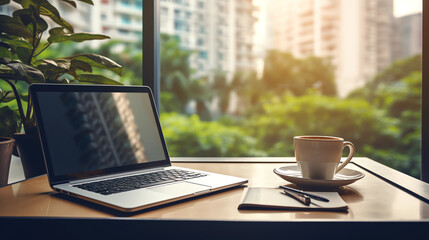 a cup of coffee and laptop with a beautiful window view - obrazy, fototapety, plakaty