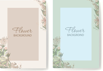 Background template with copy space for text and line drawings of flowers in pastel colors. Editable vector banner for social media post, card, cover, invitation, poster, mobile app, web advertising
