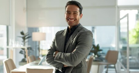 Crossed arms, happy and business Asian man in office for leadership, empowerment and success. Corporate, manager and portrait of person with funny joke in workplace for ambition, pride and confidence