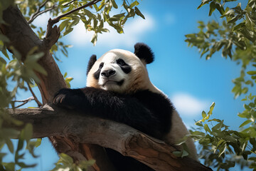 Obraz premium The portrait of a cute panda laying on a strength branch tree in a forest pleasingly, Generative AI.