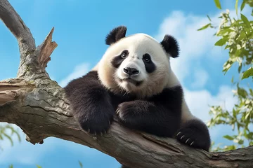 Foto op Plexiglas The portrait of a cute panda laying on a strength branch tree in a forest pleasingly, Generative AI. © Surachetsh