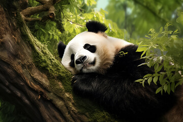The portrait of a cute panda laying on a strength branch tree in a forest pleasingly, Generative AI.