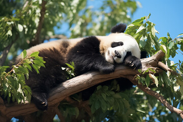 Obraz premium The portrait of a cute panda laying on a strength branch tree in a forest pleasingly, Generative AI.