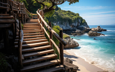 Fototapeta na wymiar Wooden pier with rocky cliff and stairs near sand beach ocean. Generative AI